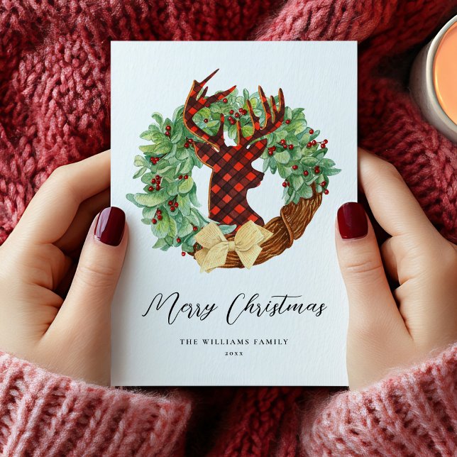 Tarjeta Festiva Los Navidades de venado ruso modernos no usaron fo (Modern Rustic Deer Christmas Wreath Holiday Card)
