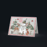 Tarjeta Festiva Los Navidades de Woodland Snowman Deer Fox quieren<br><div class="desc">"¡Calurosos deseos de invierno" saludan a su destinatario para alegrar incluso un día de invierno gris y nevado! Mi obra de arte original muestra a un animado muñeco de nieve rodeado de amigos animales de bosque. El fondo del lavabo de color gris acuático sugiere un día frío en el bosque,...</div>