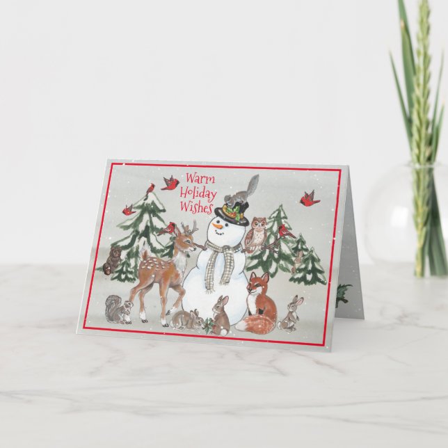 Tarjeta Festiva Los Navidades de Woodland Snowman Deer Fox quieren (Anverso)