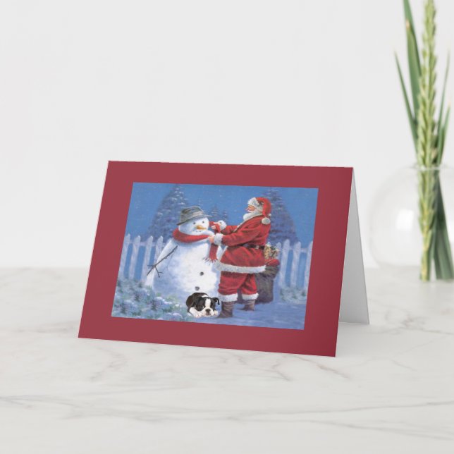 Tarjeta Festiva Los Navidades del Boston Terrier Snowman y Santa G (Anverso)