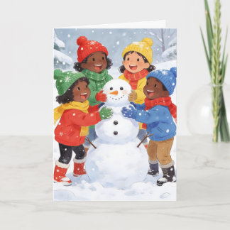 Tarjeta Festiva Los niños construyen un muñeco de nieve