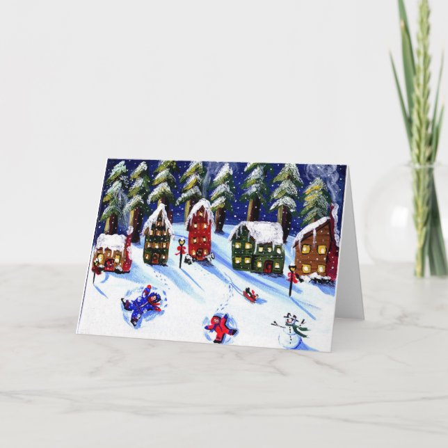 Tarjeta Festiva Los niños hacen que los ángeles de nieve festejen  (Anverso)