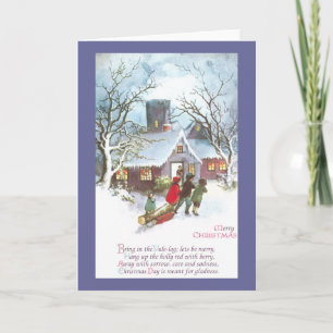Tarjeta Festiva Los niños traen a casa Yule Log Vintage Christmas