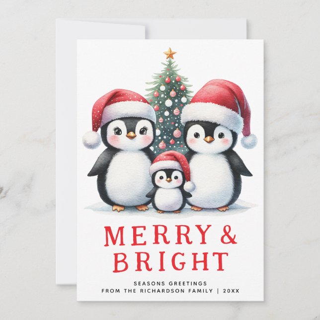Tarjeta Festiva Los pingüinos blancos y brillantes, Navidades rojo (Anverso)
