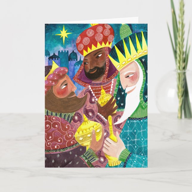Tarjeta Festiva Los reyes caprichosos de tres sabios con estrellas (Anverso)
