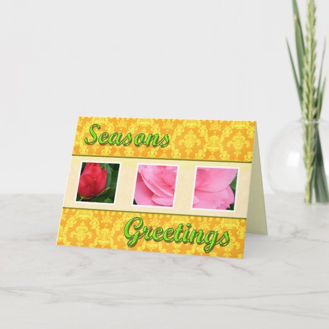 Tarjeta Festiva Los saludos de la temporada con flores rosadas (Anverso)