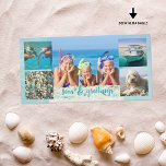 Tarjeta Festiva Los saludos de SEAson Tropical Cepilepillo Guión 5<br><div class="desc">Una tarjeta de collage de fotos de Navidades costeros, de playa o tropicales con 5 fotos y una obra de teatro "Season's Greetings" con SEAS & GREETINGS en una moderna tipografía escrita a mano con pincel en color turquesa con acento de pez estrella. El fondo es un lienzo acuático silencioso....</div>