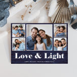Tarjeta Festiva Love and Light | Hanukkah Blue Rustic Photo Grid<br><div class="desc">This simple and rustic multi photo Hanukkah card says "Love & Light" in white, modern typography on a blue wood look background with a five photo grid on the front of the card. The back contains two more photos, plus a spot to add your own personal message. A cute and...</div>