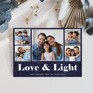 Tarjeta Festiva Love and Light Hanukkah Blue Rustic Photo Grid