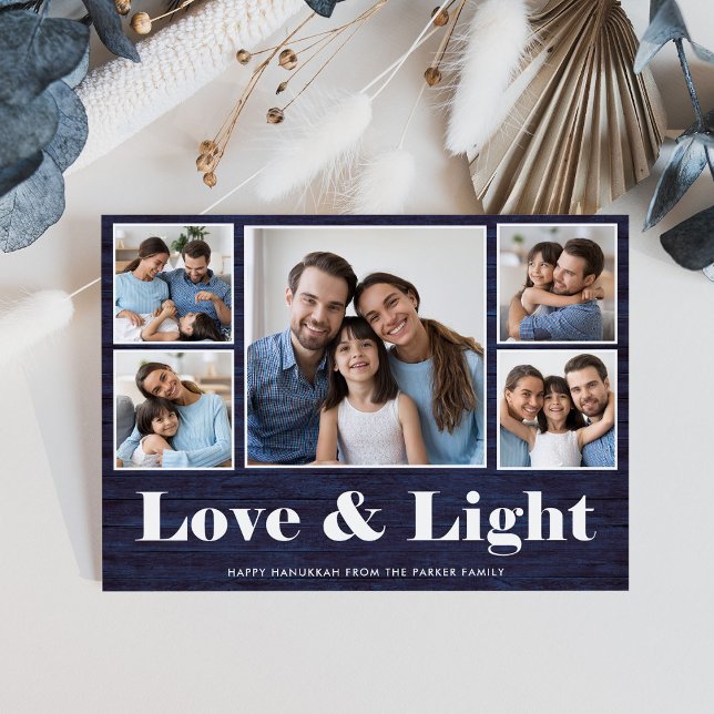 Tarjeta Festiva Love and Light | Hanukkah Blue Rustic Photo Grid (A rustic, blue wood look Hanukkah card with a photo grid)