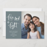 Tarjeta Festiva Love and Light | Misty Blue Hanukkah Photo<br><div class="desc">This simple and stylish misty blue colored Happy Hanukkah photo card features modern white handwritten script that says "Love and Light",  and the Star of David,  with your favorite personal photo.</div>