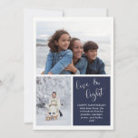 Tarjeta Festiva Love and Light | Two Photo Blue Hanukkah Card<br><div class="desc">This elegant and stylish Hanukkah card features two of your personal photos,  along with the words "love & light" in faux silver typography and blue accents.</div>