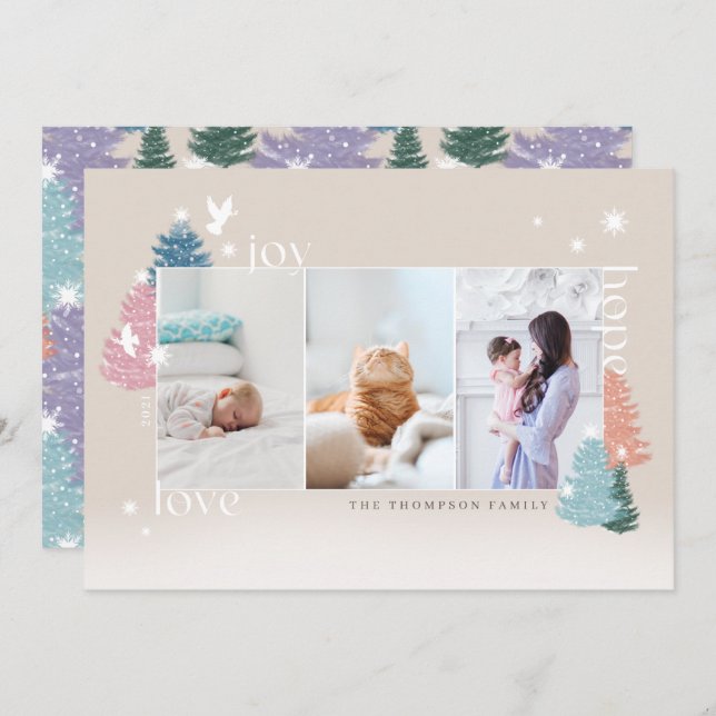 Tarjeta Festiva Love Joy Hope Pastel Christmas Tree Forest 3 Photo (Anverso / Reverso)