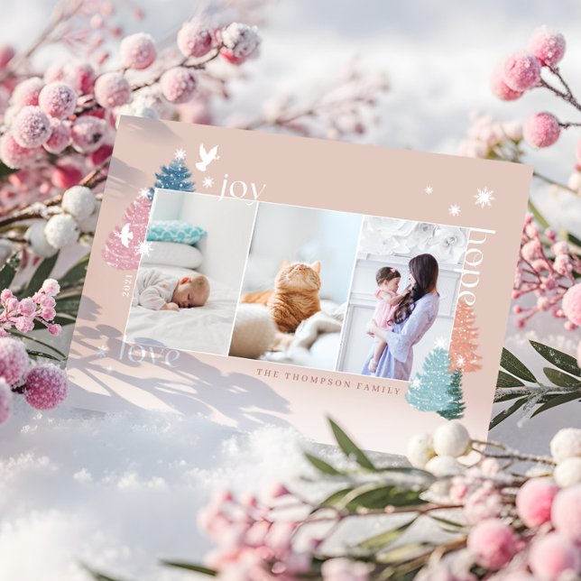 Tarjeta Festiva Love Joy Hope Pastel Christmas Tree Forest 3 Photo (Love Joy Hope Pastel Christmas Tree Forest 3 Photo Holiday Card)