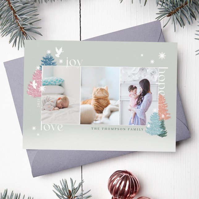 Tarjeta Festiva Love Joy Hope Pastel Christmas Tree Forest 3 Photo (Love Joy Hope Pastel Christmas Tree Forest 3 Photo Holiday Card)