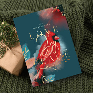 Tarjeta Festiva Love Joy & Peace Cardinal Rojo Watercolor Jade