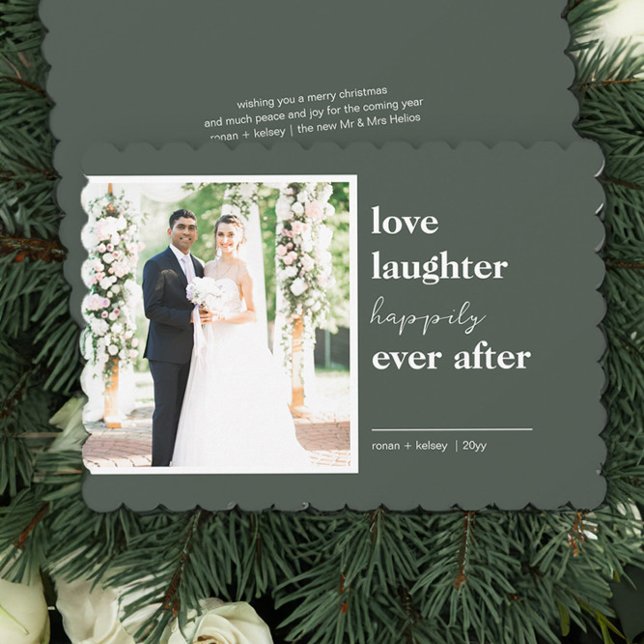 Tarjeta Festiva Love Laughter Siempre Después De Una Foto Boda (Happily Ever After Christmas Photo Card by Darling & May)