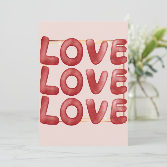 Tarjeta Festiva Love Love Love Happy Valentine Day Card Red Pink (Anverso de pie)