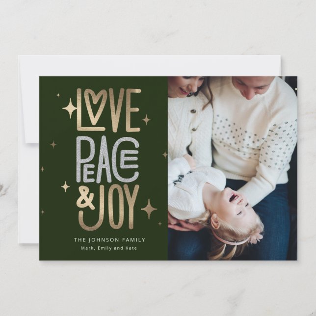 Tarjeta Festiva Love Peace and Joy Gold y Silver Holiday Card (Anverso)