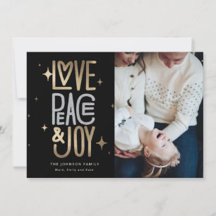 Tarjeta Festiva Love Peace and Joy Gold y Silver Holiday Card