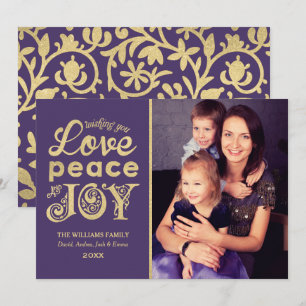 Tarjeta Festiva Love Peace and Joy Purple Gold Photo
