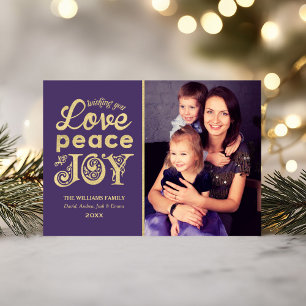 Tarjeta Festiva Love Peace and Joy Purple Gold Photo
