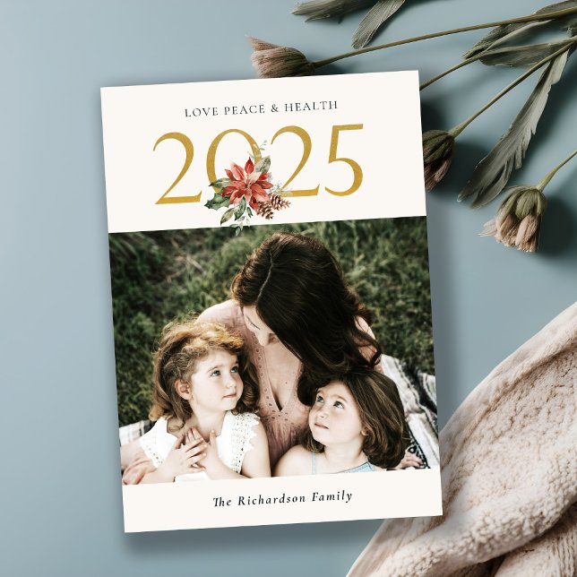 Tarjeta Festiva Love Peace Health Poinsettia Bunch Gold 2022 Foto (Subido por el creador)