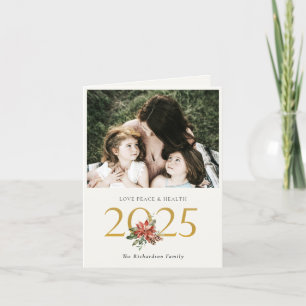 Tarjeta Festiva Love Peace Health Poinsettia Bunch Gold 2023 Foto