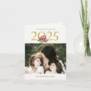 Tarjeta Festiva Love Peace Health Poinsettia Bunch Gold 2025 Foto