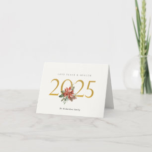 Tarjeta Festiva Love Peace Health Poinsettia Bunch Relieve metaliz