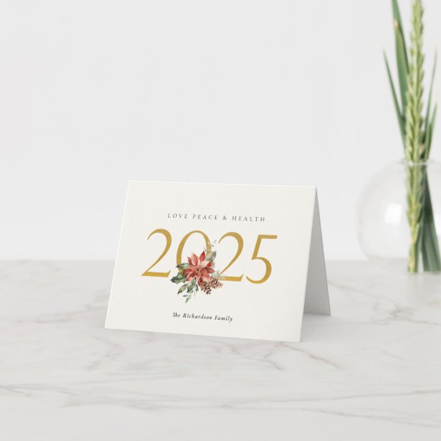 Tarjeta Festiva Love Peace Health Poinsettia Bunch Relieve metaliz (Anverso)