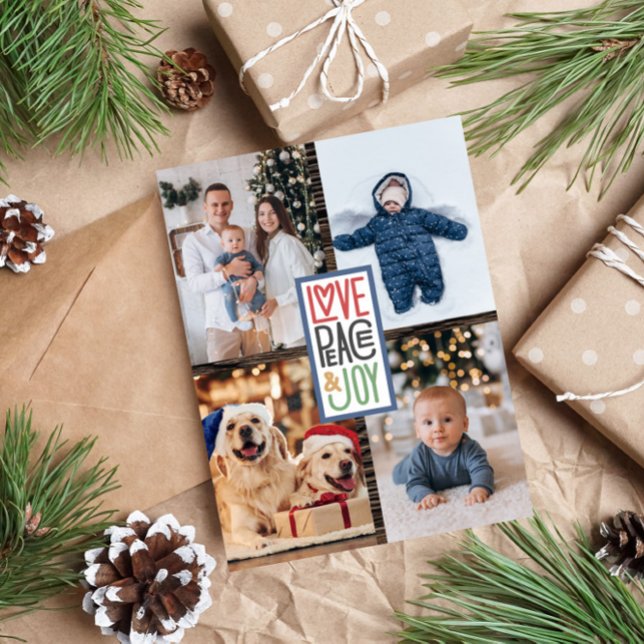 Tarjeta Festiva Love Peace & Joy (agrega tus fotos) Rustic Wood (Subido por el creador)