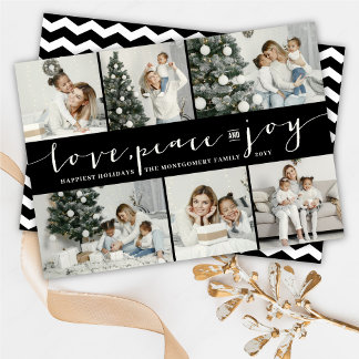 Tarjeta Festiva Love Peace Joy Black Band Modern 6 Collage de foto