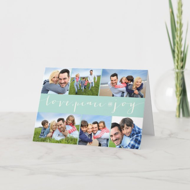 Tarjeta Festiva Love Peace Joy Calligraphy Moderno 6 Collage de fo (Anverso)