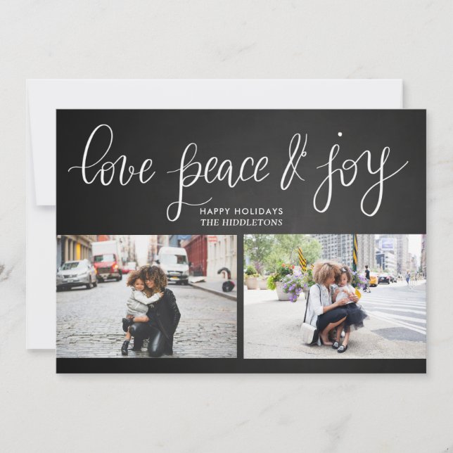 Tarjeta Festiva Love Peace Joy Chalkboard (Anverso)
