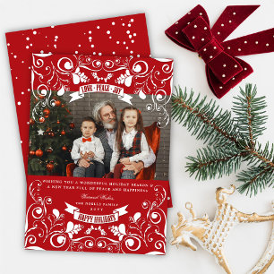 Tarjeta Festiva Love Peace Joy Elegant Floral Flourid Foto Roja