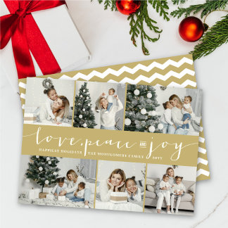 Tarjeta Festiva Love Peace Joy Gold Band Modern 6 Collage de fotos