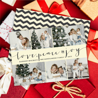 Tarjeta Festiva Love Peace Joy Ivory Band Moderno 6 Collage de fot