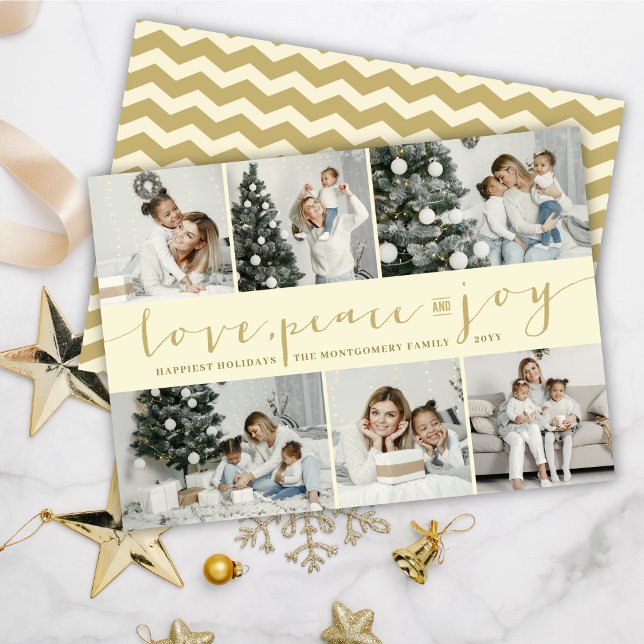 Tarjeta Festiva Love Peace Joy Ivory Gold Moderno 6 Collage de fot (Subido por el creador)
