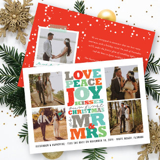 Tarjeta Festiva Love Peace Joy Kisses Mr & Mrs 1st Christmas Photo