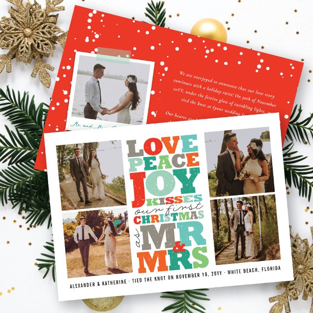 Tarjeta Festiva Love Peace Joy Kisses Mr & Mrs 1st Christmas Photo (Love Peace Joy Kisses COlorful Typography Mr & Mrs 1st Christmas Photo Holiday Card by fat*fa*tin)