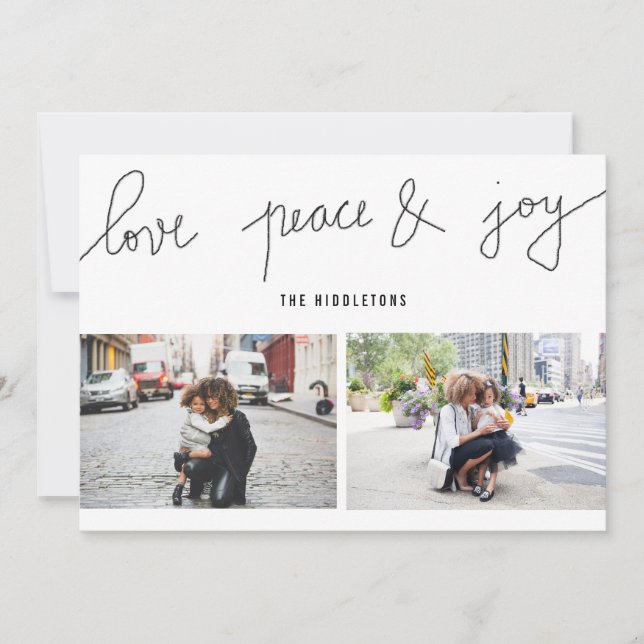 Tarjeta Festiva Love Peace Joy Modern Holiday Script Dos Photo (Anverso)