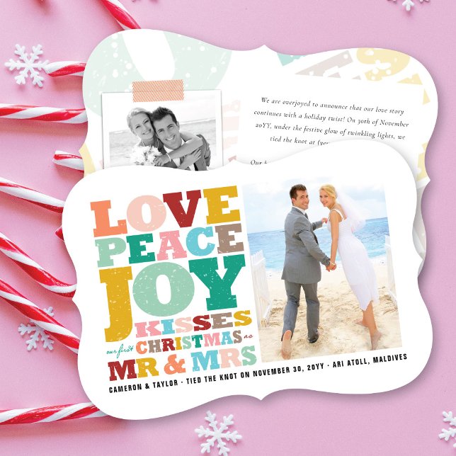 Tarjeta Festiva Love Peace Joy Mr & Mrs First Christmas Photo (Subido por el creador)