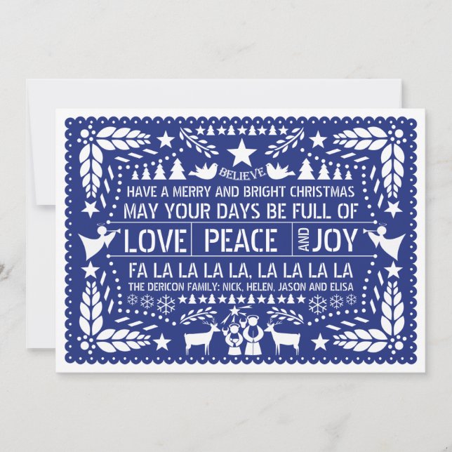 Tarjeta Festiva Love Peace, Joy papel Navidades azules de picado (Anverso)