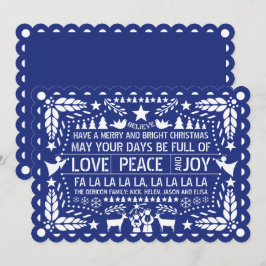 Tarjeta Festiva Love Peace, Joy papel Navidades azules de picado