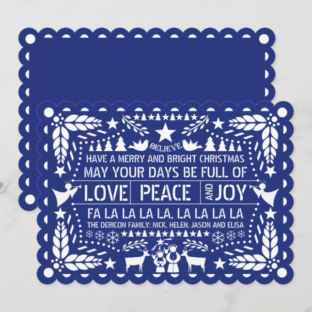 Tarjeta Festiva Love Peace, Joy papel Navidades azules de picado (Anverso / Reverso)