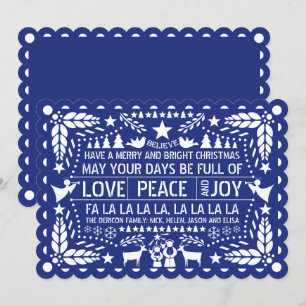 Tarjeta Festiva Love Peace, Joy papel Navidades azules de picado