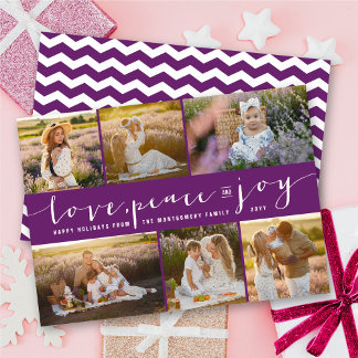 Tarjeta Festiva Love Peace Joy Purple Band Moderno 6 Collage de fo