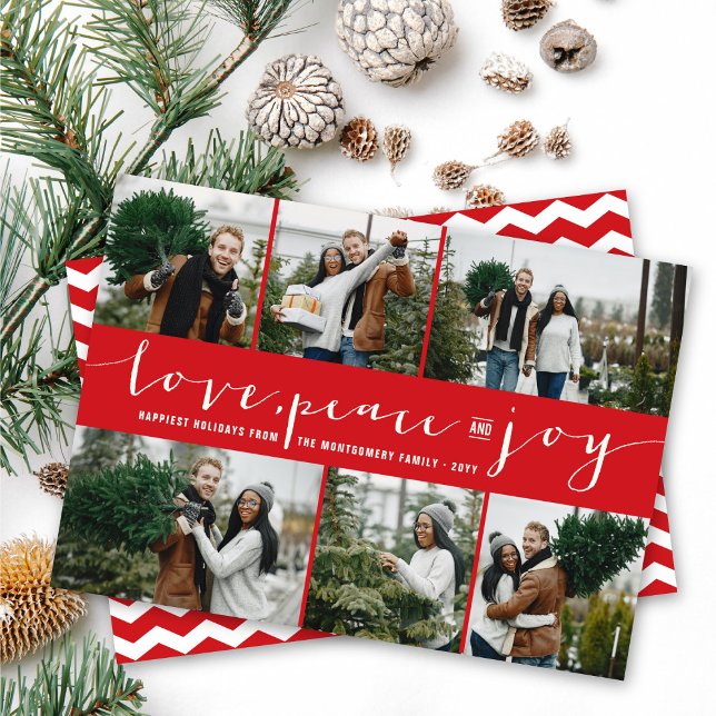 Tarjeta Festiva Love Peace Joy Red Band Moderno 6 Collage de fotos (Subido por el creador)
