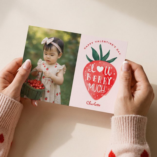 Tarjeta Festiva Love You Berry Much Strawberry Valentine's Photo (Love You Berry Much Strawberry Valentine's Photo Holiday Card)